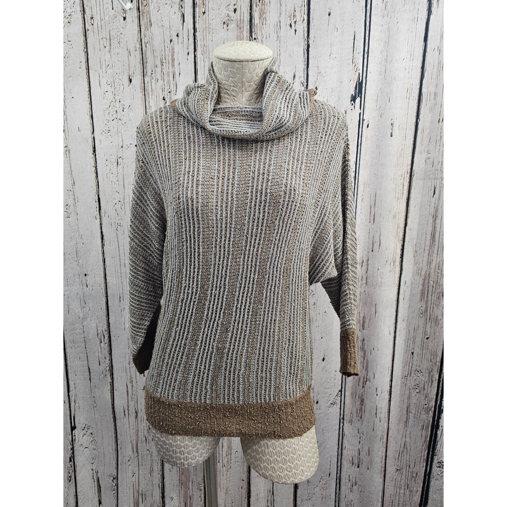Frenchi L Cowl Neck Sweater open knit Brown‎ Blue Stripe Dolman 3/4 Sleeve Top